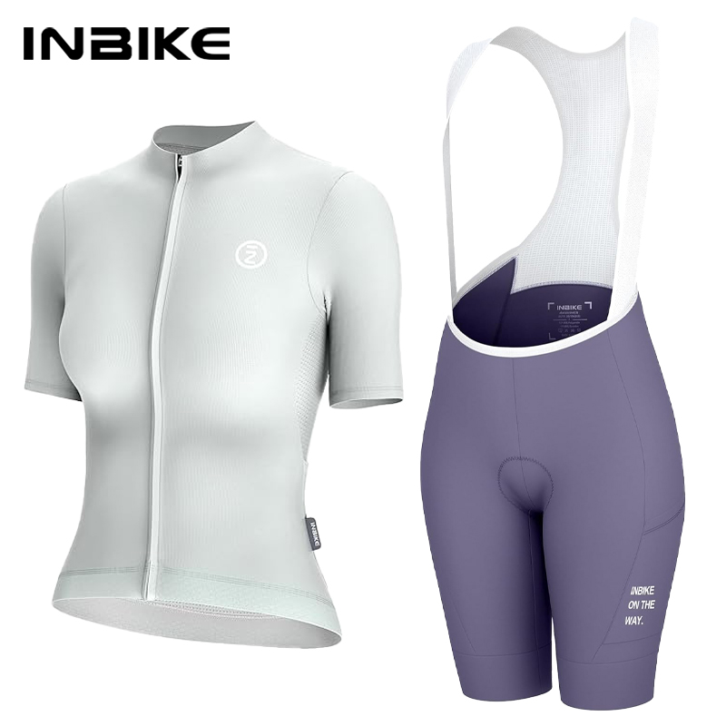Cycling Bib Shorts - ชุดเสื้อจักรยานสำหรับผู้หญิง INBIKE เสื้อเจอร์ซีย์แขนสั้นสำหรับปั่นจักรยานเสือหมอบ กางเกงจักรยานแบบมีสายรัดพร้อมกระเป๋า เสื้อผ้าสำหรับปั่นจักรยาน